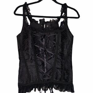 Y2K Goth Black Lace Up Corset Top W/Back Zipper Frill Ties Steampunk See Measure
